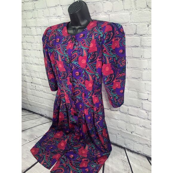 vtg 80's Our's multicolor purpuple pink button front shift dress sz 10 - Picture 2 of 7